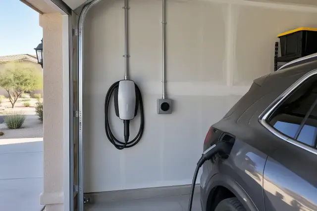 Hardwired EV charger and NEMA 14-50 outlet with electrical conduit in a Mesa, AZ garage.