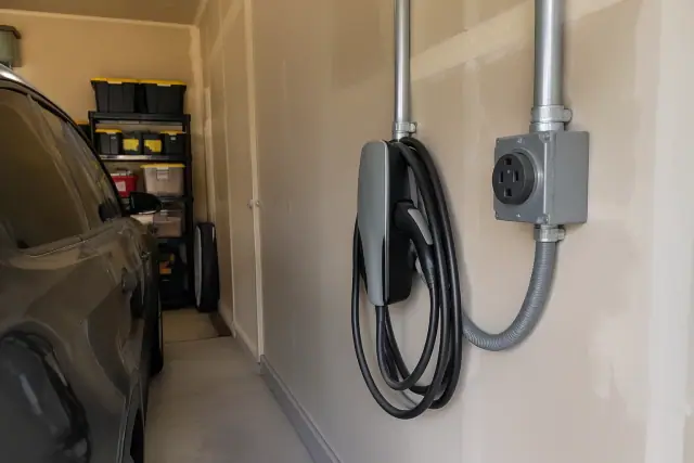 Hardwired EV charger and NEMA 14-50 outlet on a drywall wall in a Mesa, AZ garage.