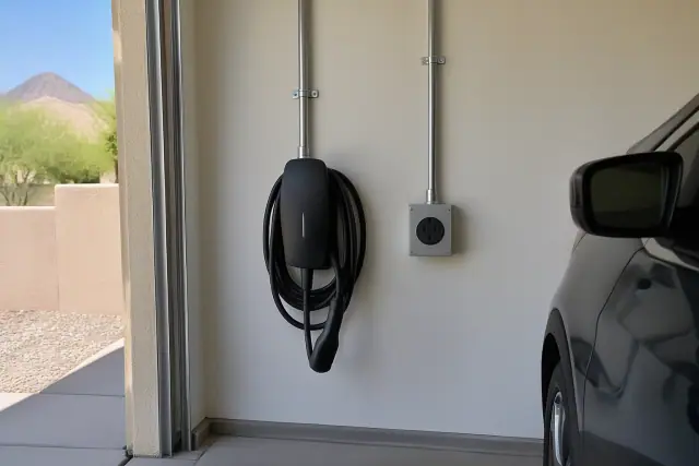 Hardwired EV charger and NEMA 14-50 outlet on a drywall wall in Mesa, AZ.