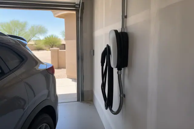 Hardwired EV charger installation on an interior wall with electrical conduit in Scottsdale, AZ.