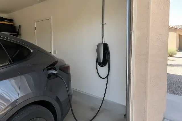 Hardwired EV charger installation on a drywall wall in Gilbert, AZ, with exposed conduit.