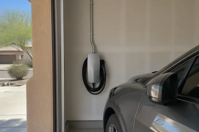 Hardwired EV charger installation on a drywall interior wall in Tempe, AZ.