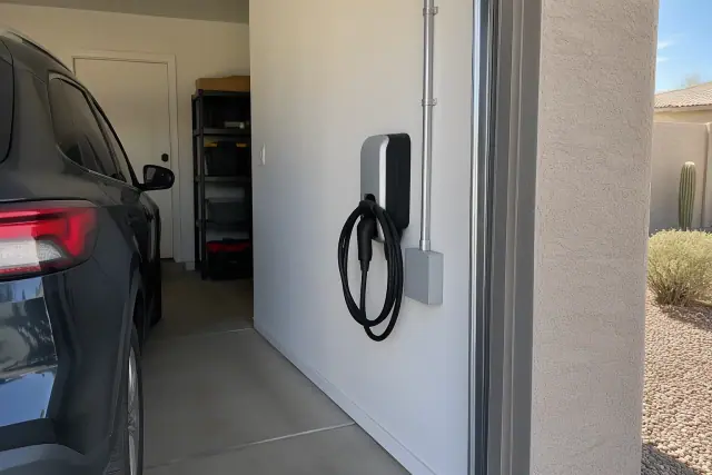 Hardwired EV charger installation on an interior wall with electrical conduit in Apache Junction, AZ.