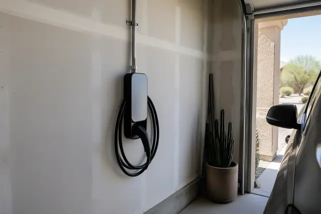 Hardwired EV charger installation on an interior wall with metal conduit in a Phoenix, AZ garage.