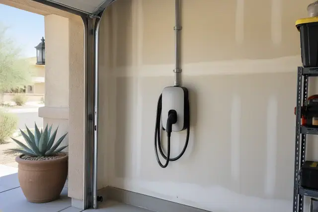 Hardwired EV charger installation on a drywalled interior wall in Chandler, AZ.