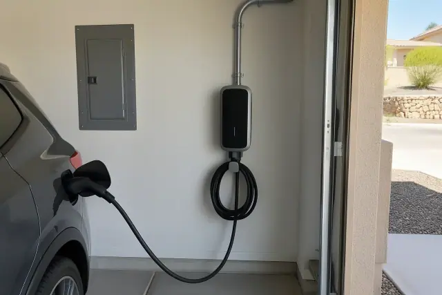 Hardwired EV charger installation on a drywall wall in Queen Creek, AZ.