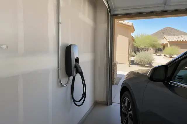 Hardwired EV charger installed on a drywall wall in Gold Canyon, AZ.