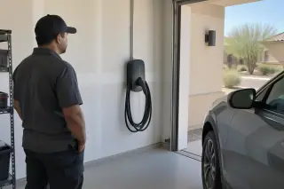 Technician observing a hardwired EV charger and exposed conduit in a Mesa, AZ garage.