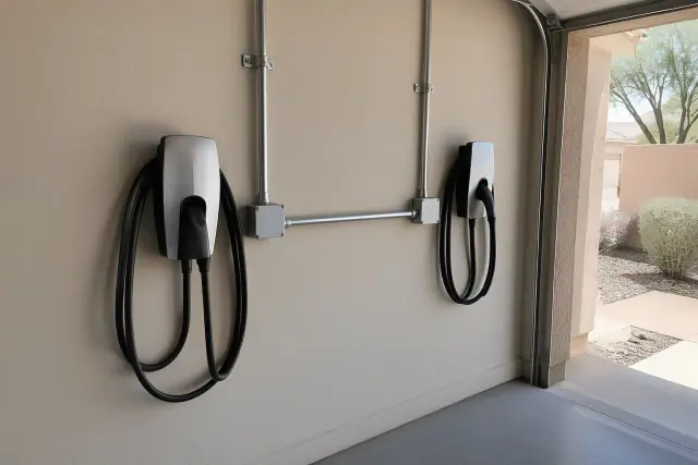 Hardwired EV charger installed on a stucco wall in a residential garage in Mesa, AZ.