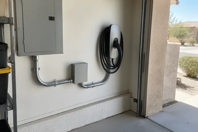 Hardwired Level 2 EV charger panel upgrade in a residential garage in Mesa, AZ.