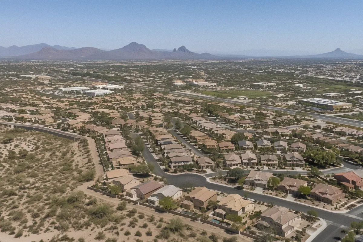 Aerial drone photo of residential neighborhoods and desert vegetation in Mesa, AZ.