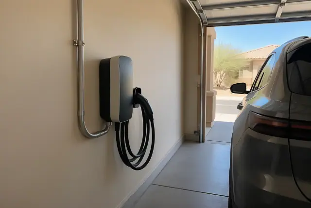 Electrician in Mesa, AZ installing a hardwired wall-mounted charging unit with conduit.