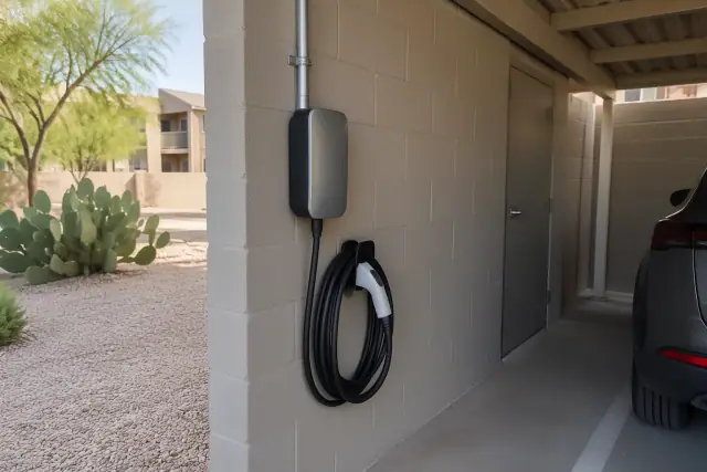 Level 2 EV charger installed at an apartment carport in Mesa, AZ.