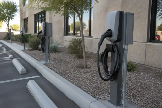 Level 2 EV charging station for overnight fleet parking outside a commercial building in Mesa, AZ.