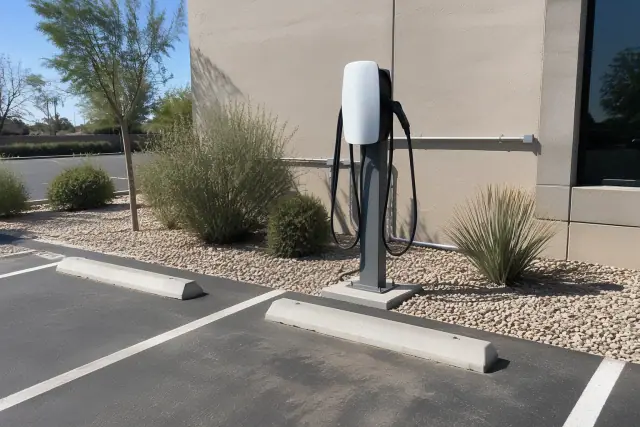 Level 2 EV charging station installed in a paved employee parking lot in Mesa, AZ.