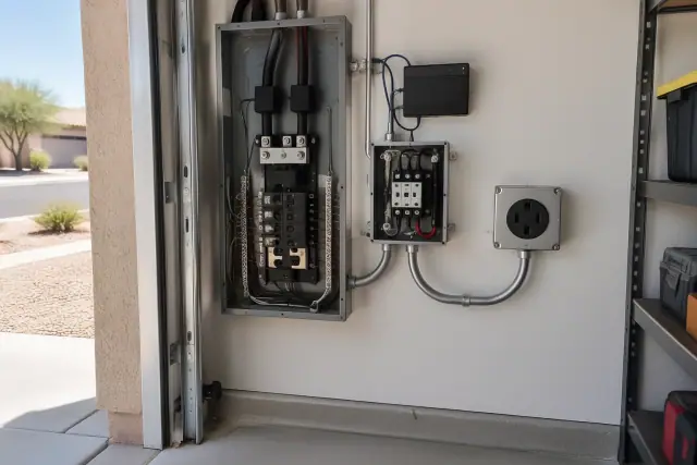 NEMA 14-50 outlet installation with smart scheduling controller in a residential garage in Mesa, AZ.