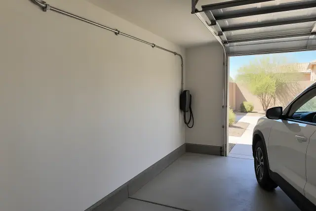 Metal electrical conduit on a drywalled wall leading to an EV charger in a garage in Mesa, AZ.