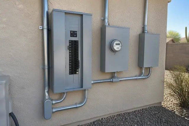 Main electrical panel and service upgrade on a stucco exterior wall in Mesa, AZ.