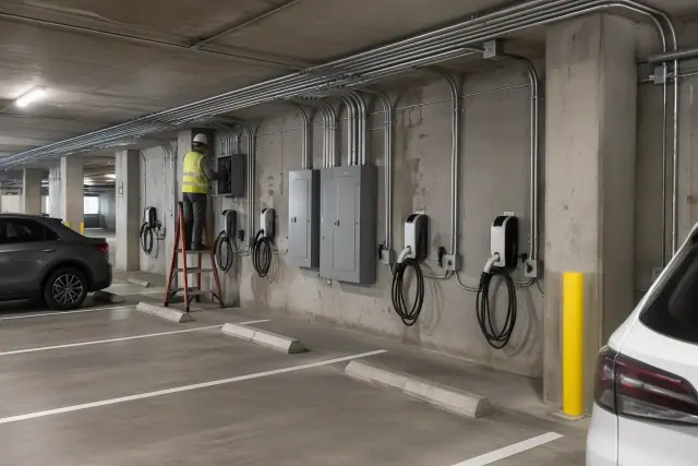 Overhead conduits and parking stalls during EV charger dedicated circuit installation in Mesa, AZ.
