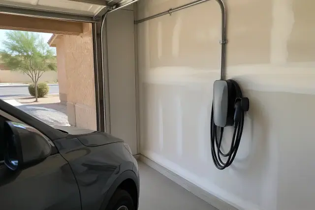 Hardwired EV charger mounted on a drywalled wall with electrical conduit in Mesa, AZ.