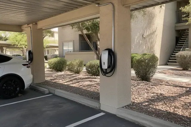 Wall-mounted EV charging station installation under an apartment carport in Mesa, AZ.