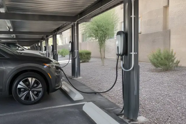 Contractor photo of EV charger installation under a carport in Apache Junction, AZ.