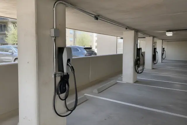 EV charger installation with mounted charging units and overhead conduit in Phoenix, AZ.