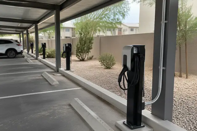 EV charger installation with conduit and pedestals under a covered parking structure in Queen Creek, AZ.