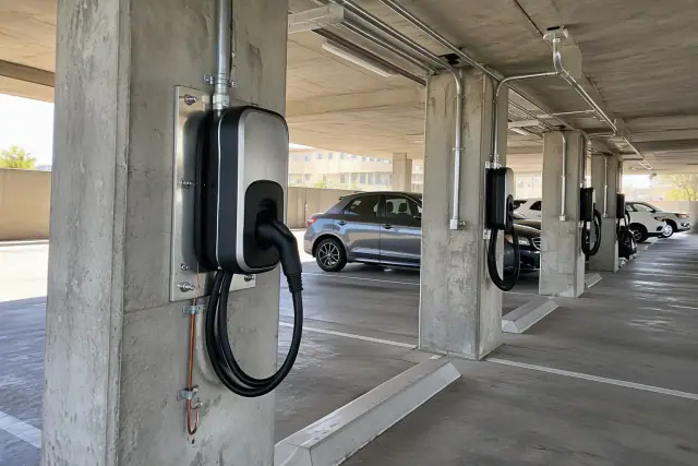 EV charger installation with conduit and steel brackets in a Mesa, AZ parking garage.