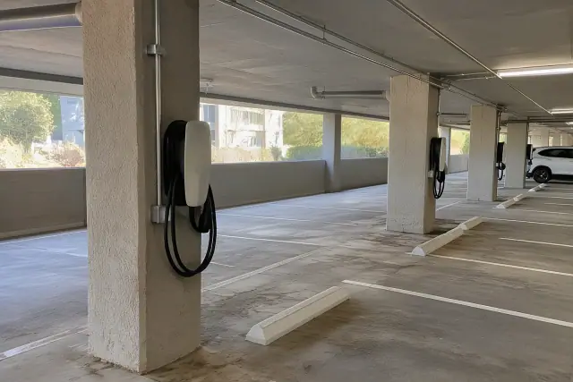 Wall-mounted EV charger wired to overhead conduit in a Tempe, AZ parking garage.