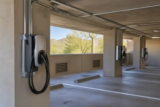 EV charger installation on concrete pillars with overhead conduit in Fountain Hills, AZ.