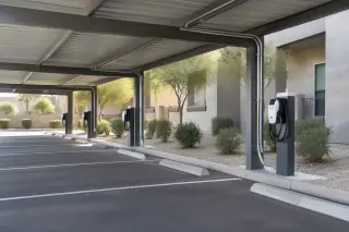 Pedestal EV chargers under a covered parking structure in Mesa, AZ.