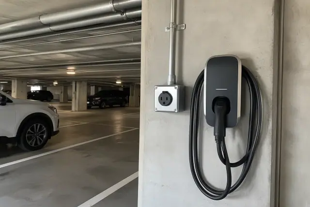 NEMA 14-50 and plug-in EV charger installation with overhead conduit in a Mesa, AZ underground parking garage.