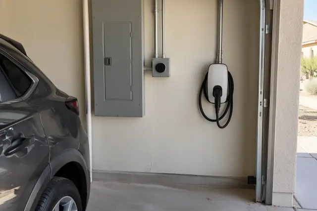 NEMA 14-50 outlet and electrical panel on a garage wall in Mesa, AZ.
