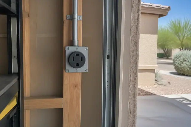 NEMA 14-50 EV charger outlet installed on a residential garage wall in Mesa, AZ.