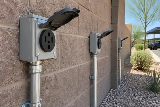 NEMA 14-50 outlet connections installed for a fleet EV charging station on a masonry wall in Mesa, AZ.