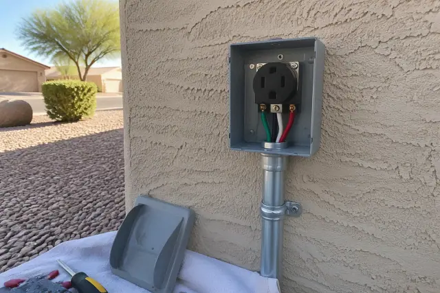 NEMA 14-50 outlet installation on a stucco exterior wall in Mesa, AZ, with desert gravel landscaping.