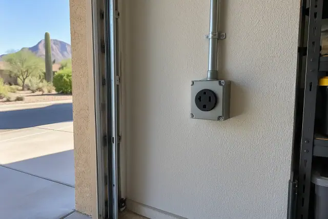 NEMA 14-50 EV charger outlet installed on a garage wall in Mesa, AZ.