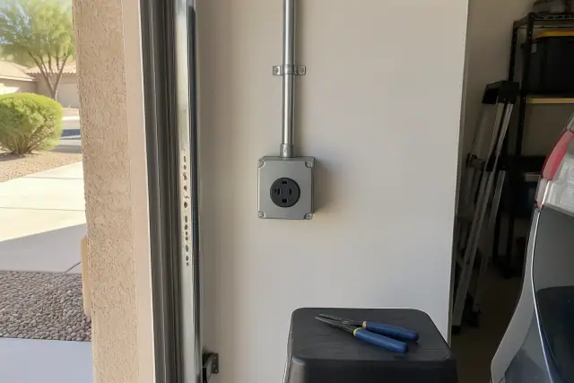 NEMA 14-50 outlet installation with wire strippers on a stool in Gilbert, AZ.