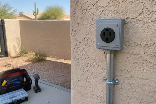 NEMA 14-50 EV charger outlet installed on a stucco exterior wall in Mesa, AZ.