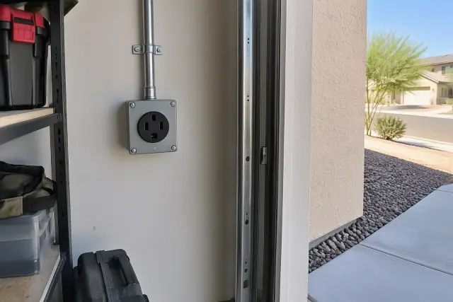 NEMA 14-50 outlet installation with heavy-gauge conduit on a drywall wall in Mesa, AZ.