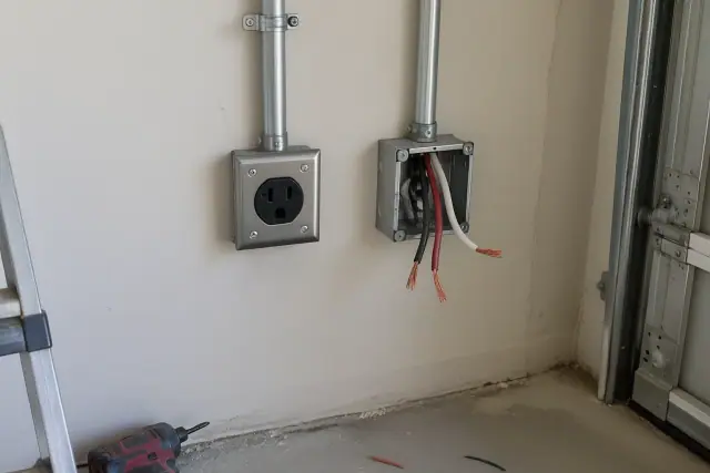 NEMA 14-50 outlet installation with exposed conduit in a garage in San Tan Valley, AZ.