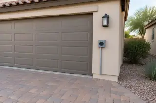 Newly installed wall connector mounted on an exterior wall near a garage door in Mesa, AZ.