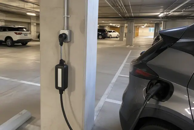 NEMA 14-50 outlet and portable EVSE installed on a pillar in an underground parking garage in Mesa, AZ.