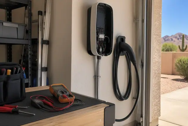 Multimeter and diagnostic test lead on a workbench during EV charger repair in Mesa, AZ.