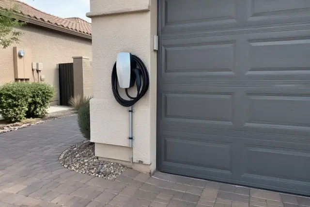 Wall-mounted EV charger and heavy cable installed on a residential driveway wall in Mesa, AZ.