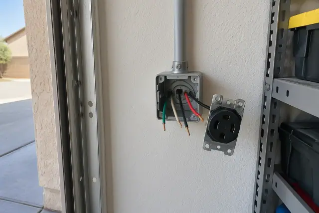 NEMA 14-50 outlet installation in a residential garage in Mesa, AZ, showing exposed wires and a flush wall box.