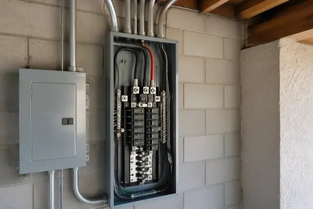 Open electrical panel showing breaker slots and heavy-gauge wire terminations on a concrete wall in Mesa, AZ.