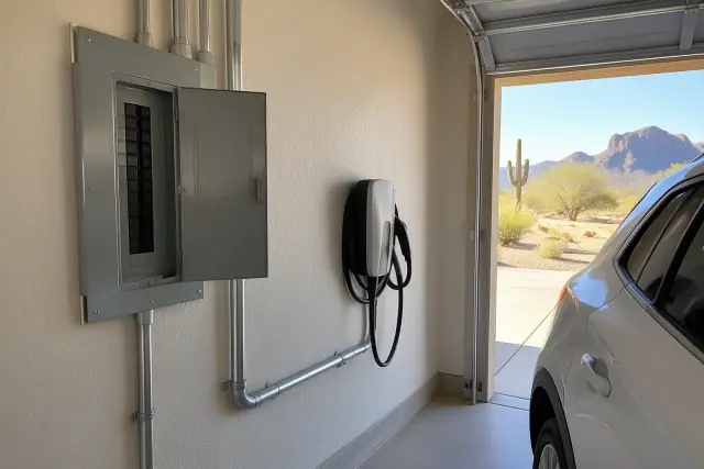Electric vehicle charging unit and breaker integration installed on a garage wall in Mesa, AZ.