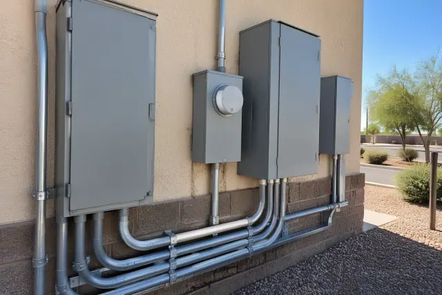 Electrician's photo of commercial EV charger panel upgrades in Mesa, AZ, showing metal conduits and breaker boxes.